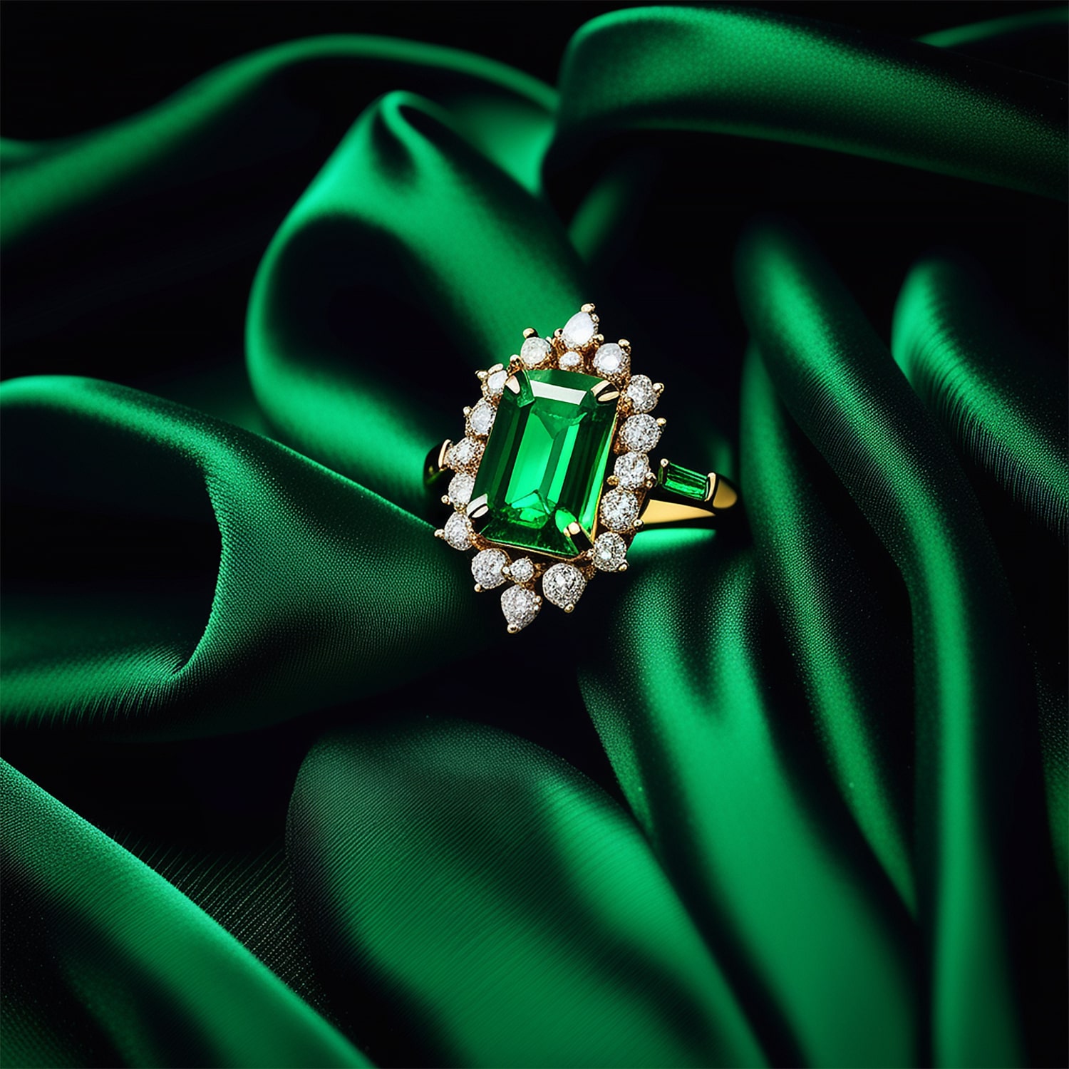 Emerald ring with diamonds on silk, luxurious birthday gift in Saudi Arabia.