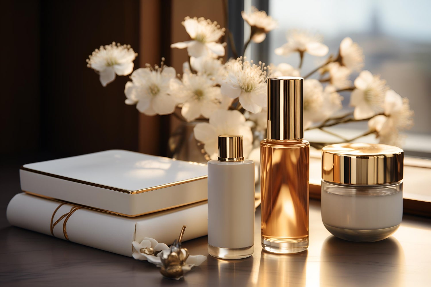 Luxury perfumes and cream on table, elegant birthday gift setup in Saudi Arabia