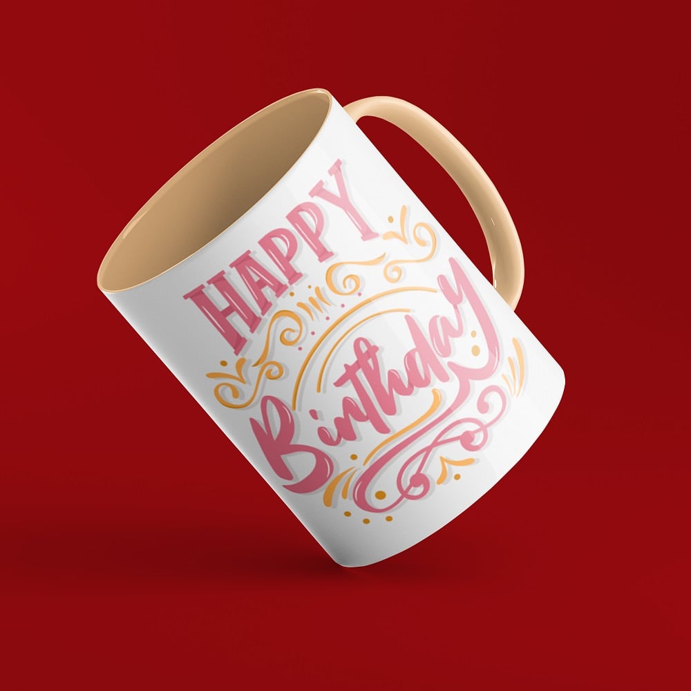 Mug with "Happy Birthday" script on red background in Saudi Arabia.