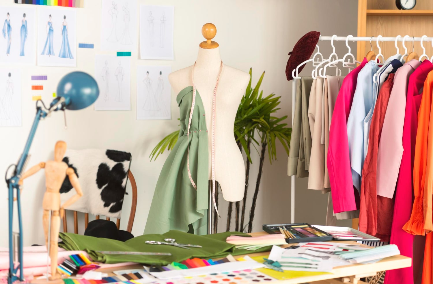 Fashion design studio with mannequin, sketches, and colorful clothes in Saudi Arabia.